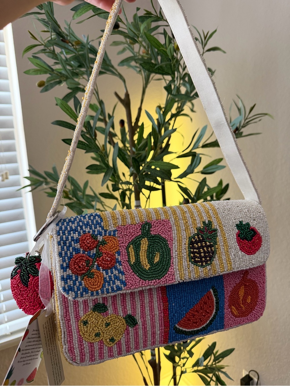 Viral Patchwork Fruit Beaded Shoulder Bag w/Strawberry Bag Charm